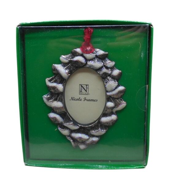 Silver Pine Cone Picture Frame Ornament NIB Nicole Frames Snow Frosted - Picture 1 of 4
